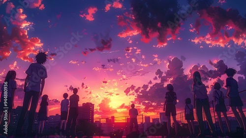 illustration of the atmosphere at sunset and people looking towards the sun