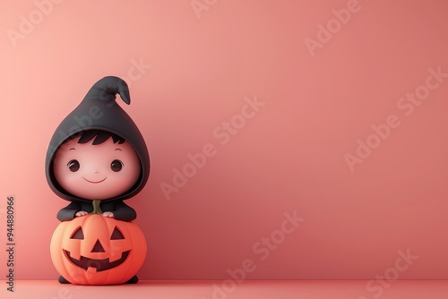 Cute Halloween figurine, a person wearing a witch's hat sitting in a pumpkin on a pink background