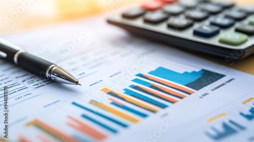 A close-up of a financial report with graphs and charts, showing trends and analysis, laid out on a desk with a calculator and a pen for a detailed review.