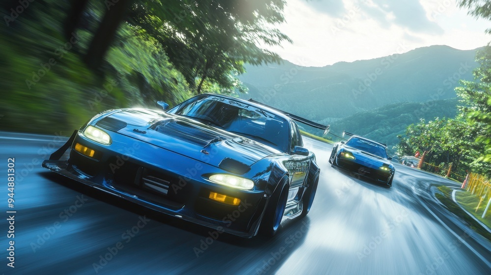 Drift action on mountain roads during a touge race, showcasing precision-tuned cars cornering with skill and speed.