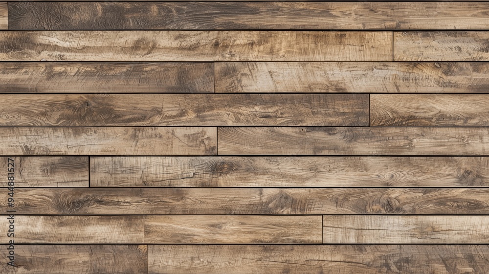 Fototapeta premium A textured wooden wall with various shades of brown, featuring horizontal planks arranged in a staggered pattern. The wood has a rustic appearance with visible grain and knots.