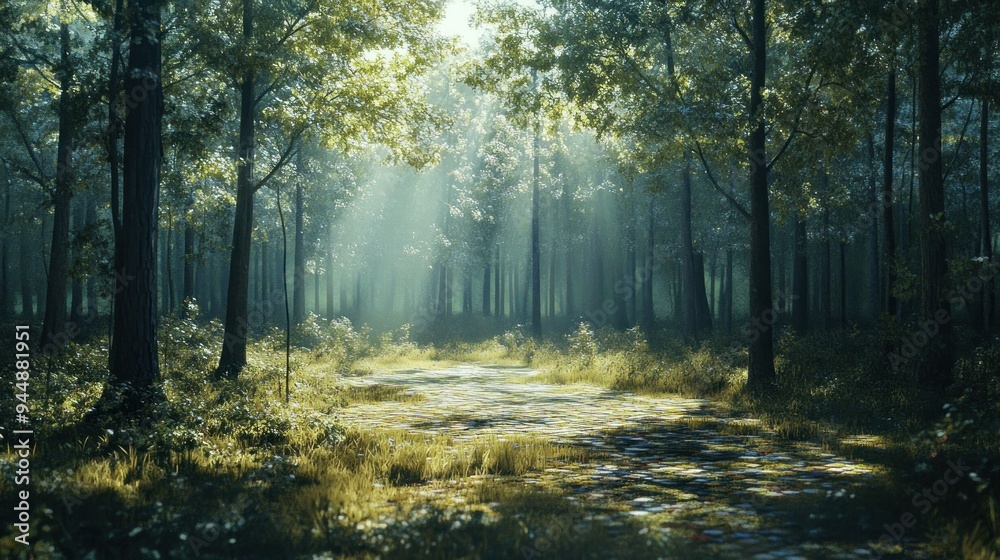 Obraz premium Sunbeams Illuminating a Path Through a Misty Forest