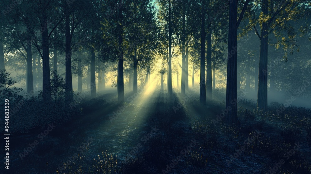 Naklejka premium Sunbeams Piercing Through a Foggy Forest