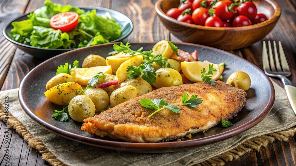 A delicious and healthy dinner featuring pan-seared fish with breaded potatoes and a side salad, meal, meat, dinner, coward A delicious and healthy dinner featuring pan-seared fish with breaded potatoes and a side salad, meal, meat, dinner, coward
