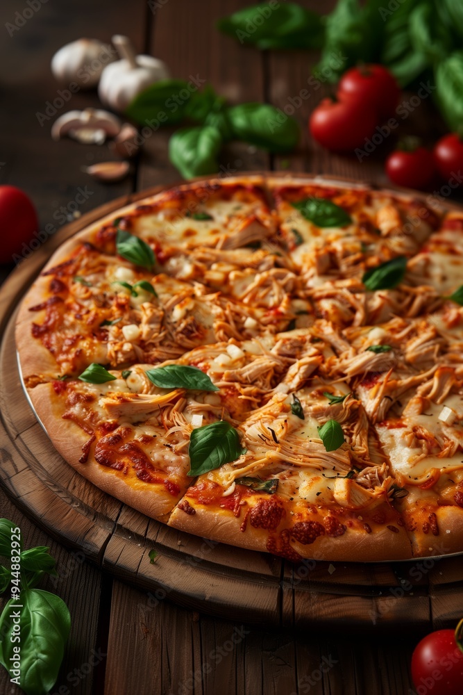 Delicious homemade pizza topped with shredded chicken and fresh basil, surrounded by ripe tomatoes and garlic on a rustic wooden table Delicious homemade pizza topped with shredded chicken and fresh basil, surrounded by ripe tomatoes and garlic on a rustic wooden table