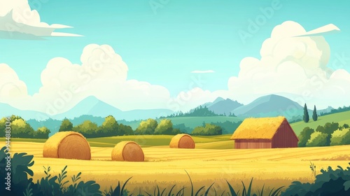 2D cartoon style rural landscape featuring fields with haystacks A flat farming scene ideal for organic food themes in design projects