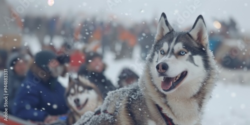 Huskies enjoy a snowy day while spectators watch the thrilling winter dog sledding event in a picturesque winter landscape photo