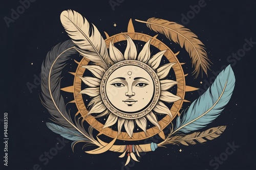 Boho design featuring a sun and moon surrounded by delicate feathers, Generative AI