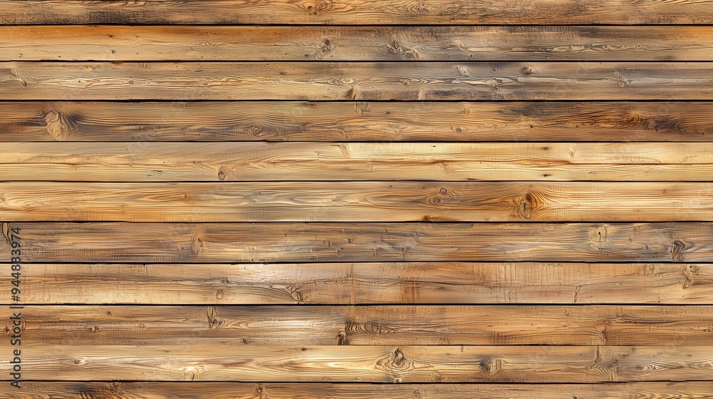 Naklejka premium Wooden wall with horizontal planks, showcasing natural wood grain and texture. The wood has a warm, rustic appearance with varying shades of brown.