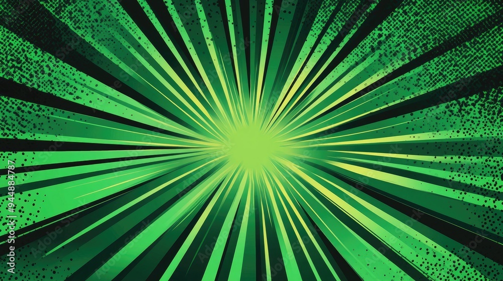 Obraz premium 2D cartoon style retro comic background featuring green rays with a raster gradient and halftone effect stock illustration