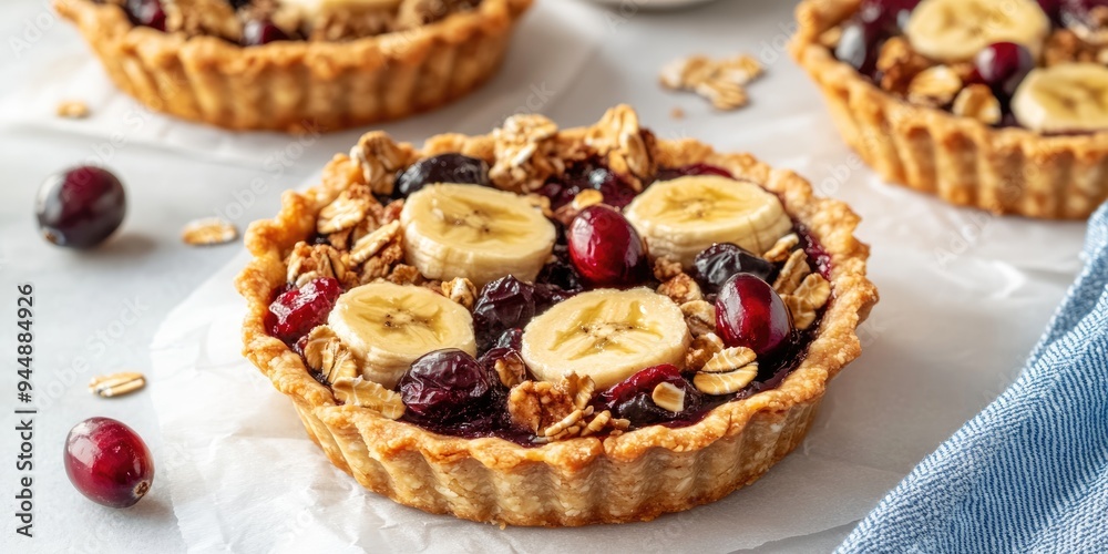 3D rendering of a gluten free homemade tartlet made with oatmeal banana dark chocolate and cranberry on a light colored surface with a blue striped kitchen towel 3D rendering of a gluten free homemade tartlet made with oatmeal banana dark chocolate and cranberry on a light colored surface with a blue striped kitchen towel