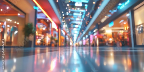 3D rendering of a blurred shopping mall with bright lights