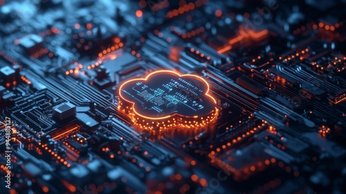 Close-up of futuristic cloud computing infrastructure with glowing connections, integrated with advanced AI automation systems, sleek technology interface