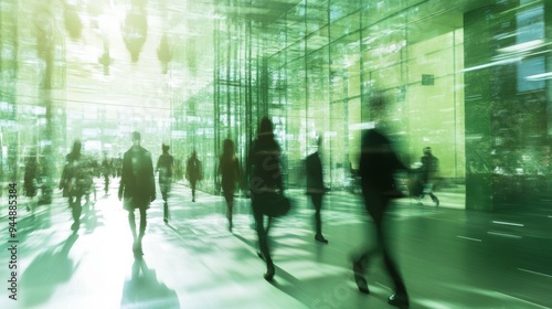 Motion Blur of People Walking in a Green Office Space