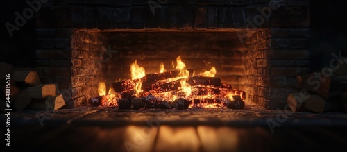 Fototapeta Naklejka Na Ścianę i Meble -  3D rendering of a fireplace with burning wood in a dark background at night