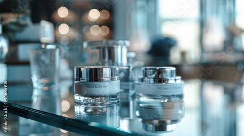 Luxury Skincare Products Displayed on Glass Shelf in a Modern Store