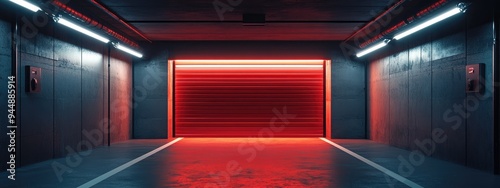 3D rendering of a illuminated entrance door to an underground garage photo