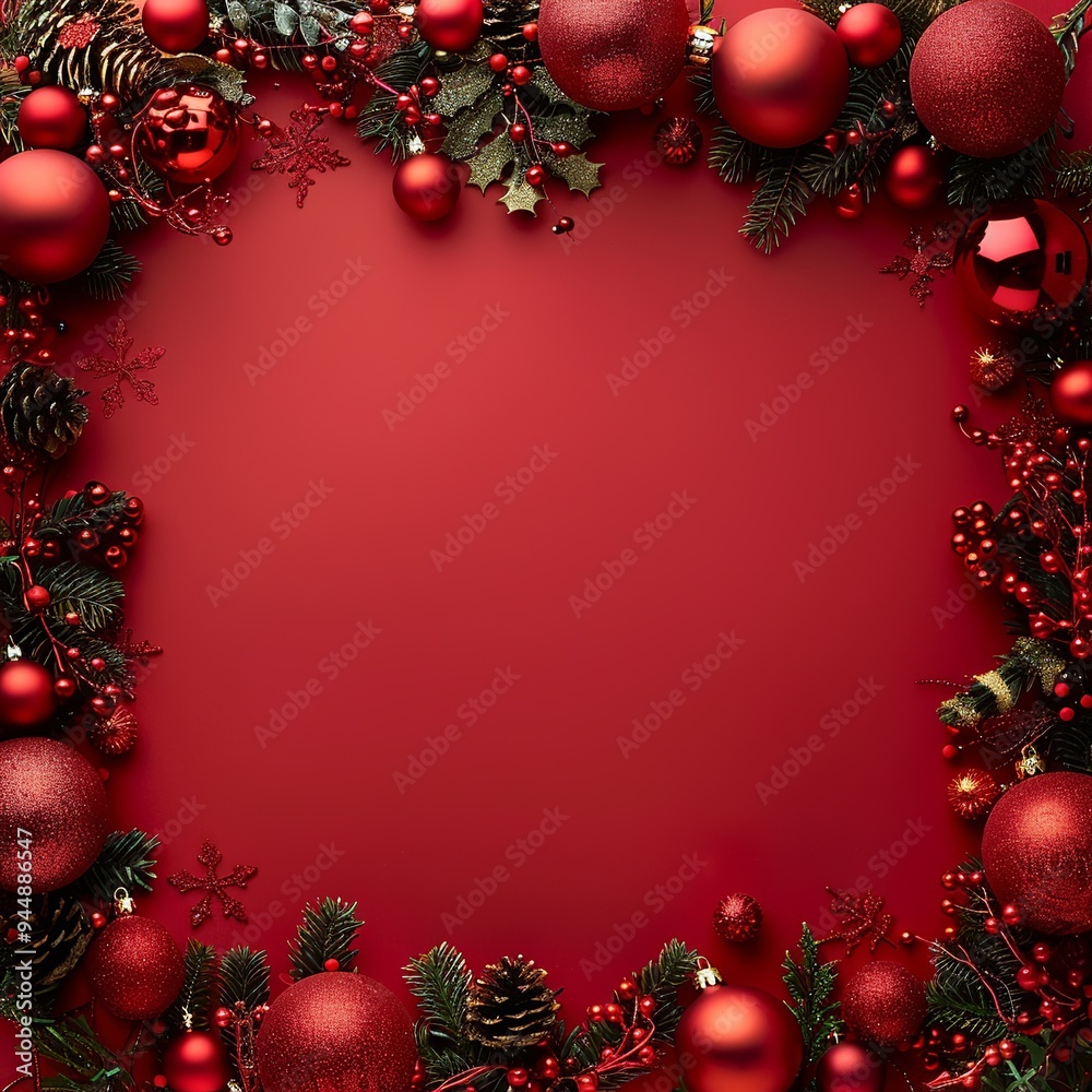 Festive Christmas Background with Pine Branches, Red and Gold Ornaments, Pinecones, and Berries on Red Background with Copy Space Festive Christmas Background with Pine Branches, Red and Gold Ornaments, Pinecones, and Berries on Red Background with Copy Space