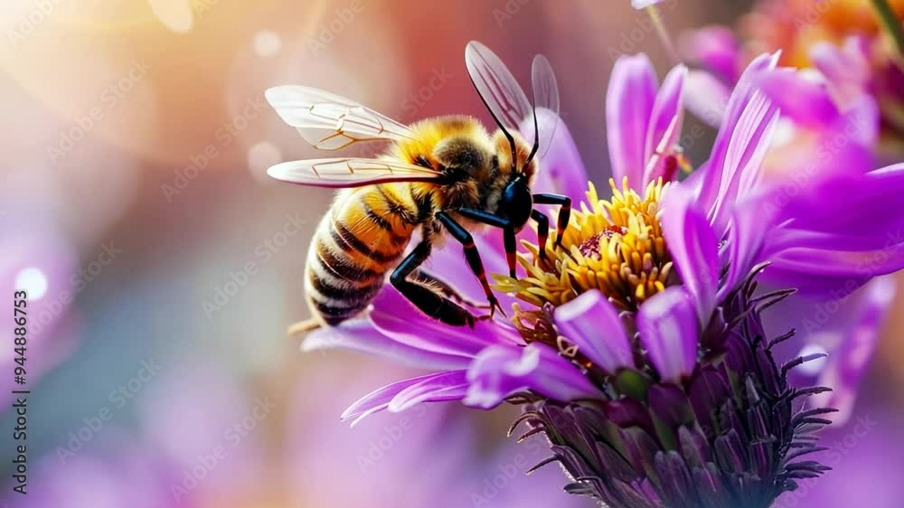 A bee flying away from a vibrant purple flower, with pollen visible on its body.