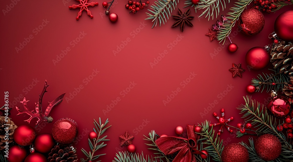Festive Christmas Background with Pine Branches, Red and Gold Ornaments, Pinecones, and Berries on Red Background with Copy Space Festive Christmas Background with Pine Branches, Red and Gold Ornaments, Pinecones, and Berries on Red Background with Copy Space
