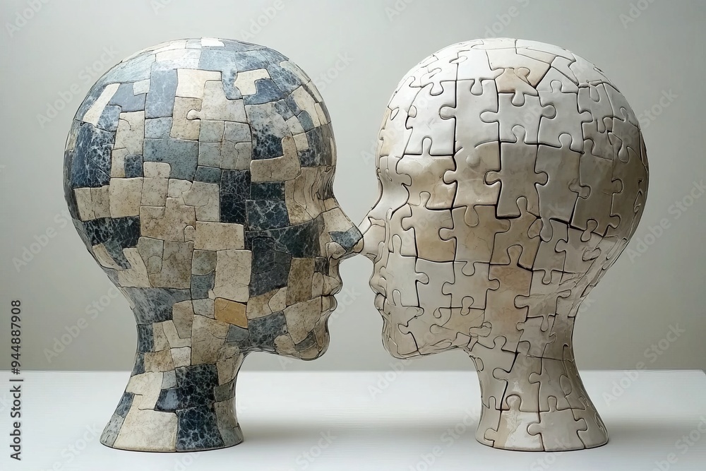 Stone Puzzle Head Sculptures Facing Each Other Depicting the Timeless Nature and Structural Complexity of Human Thought Stone Puzzle Head Sculptures Facing Each Other Depicting the Timeless Nature and Structural Complexity of Human Thought