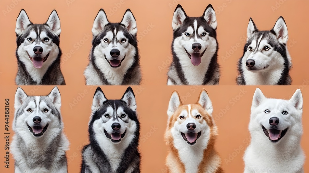 A Vibrant Showcase of Worldwide Husky Breeds on a Gentle Peach Backdrop A Vibrant Showcase of Worldwide Husky Breeds on a Gentle Peach Backdrop