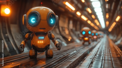 Cute Yellow Robot Walking in a Futuristic Corridor