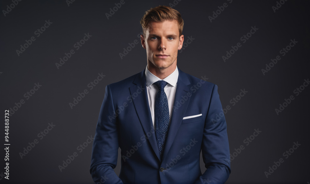 A man in a blue suit stands in front of a gray background, looking directly at the camera A man in a blue suit stands in front of a gray background, looking directly at the camera