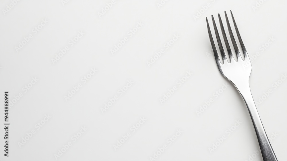 Isolated metallic fork elegantly positioned diagonally on a crisp white background. Subtle lighting creates a clean and minimalist kitchen utensil presentation. Isolated metallic fork elegantly positioned diagonally on a crisp white background. Subtle lighting creates a clean and minimalist kitchen utensil presentation.
