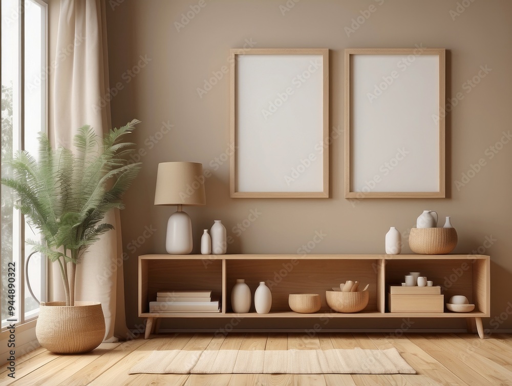 Minimalist Living Room with Wooden Shelving and Two Blank Frames Minimalist Living Room with Wooden Shelving and Two Blank Frames