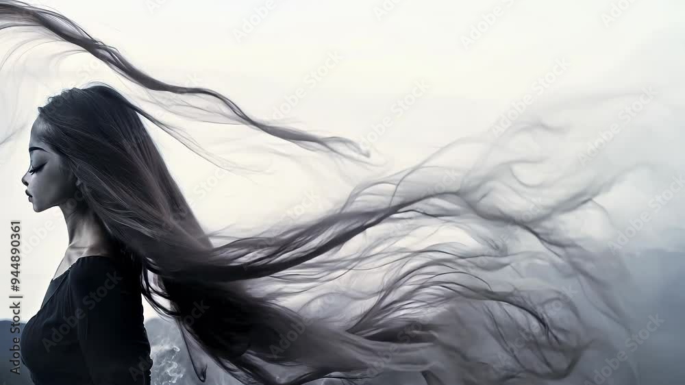 Woman's profile with serene expression. Long hair flows dynamically, merging with misty landscape. Ethereal atmosphere evokes mystery and tranquility. Woman's profile with serene expression. Long hair flows dynamically, merging with misty landscape. Ethereal atmosphere evokes mystery and tranquility.