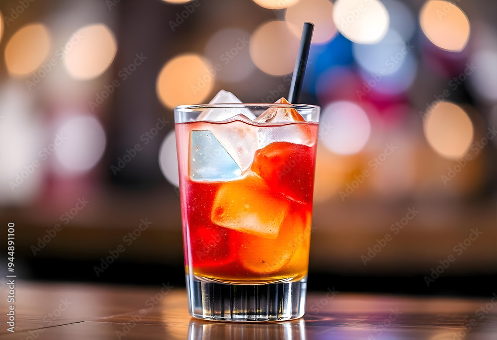 Vibrant cocktail with ice cubes in a glass, set against a blurred background with shimmering bokeh lights. Vibrant cocktail with ice cubes in a glass, set against a blurred background with shimmering bokeh lights.