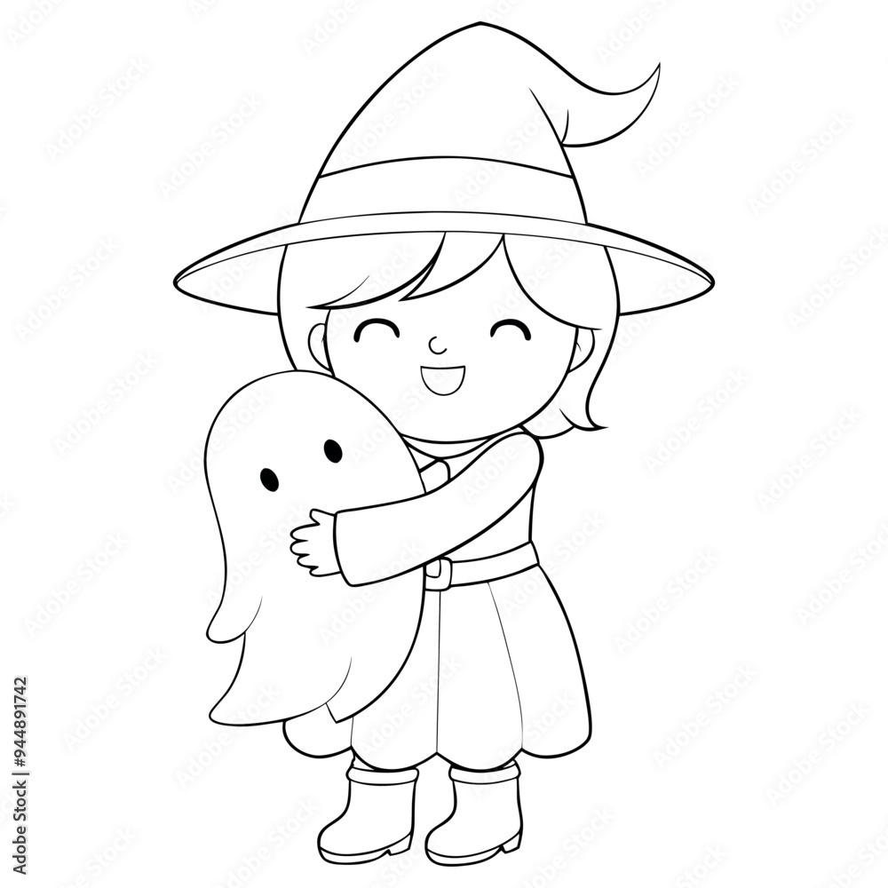 Cute witch hugging smiling ghost, black and white line art, Halloween illustration, web elements, textile patterns, coloring page