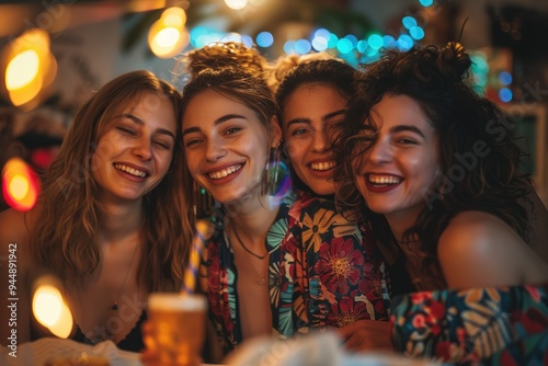 Four women are smiling and hugging each other while sitting on a bed