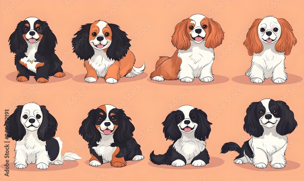 Obraz premium Adorable Cartoon Cavalier King Charles Spaniels in Vibrant Peach Colored Background
