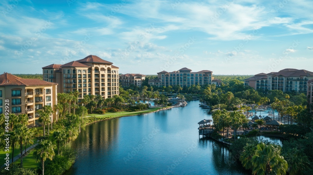 Resort Buildings and a Winding River with Lush Greenery Resort Buildings and a Winding River with Lush Greenery
