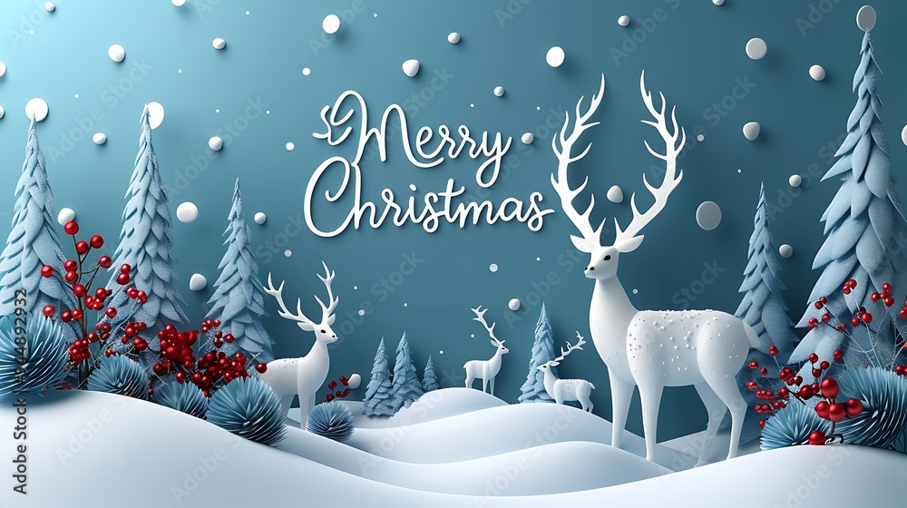 A serene paper-cut winter wonderland with snow-covered trees and deer, A serene paper-cut winter wonderland with snow-covered trees and deer,
