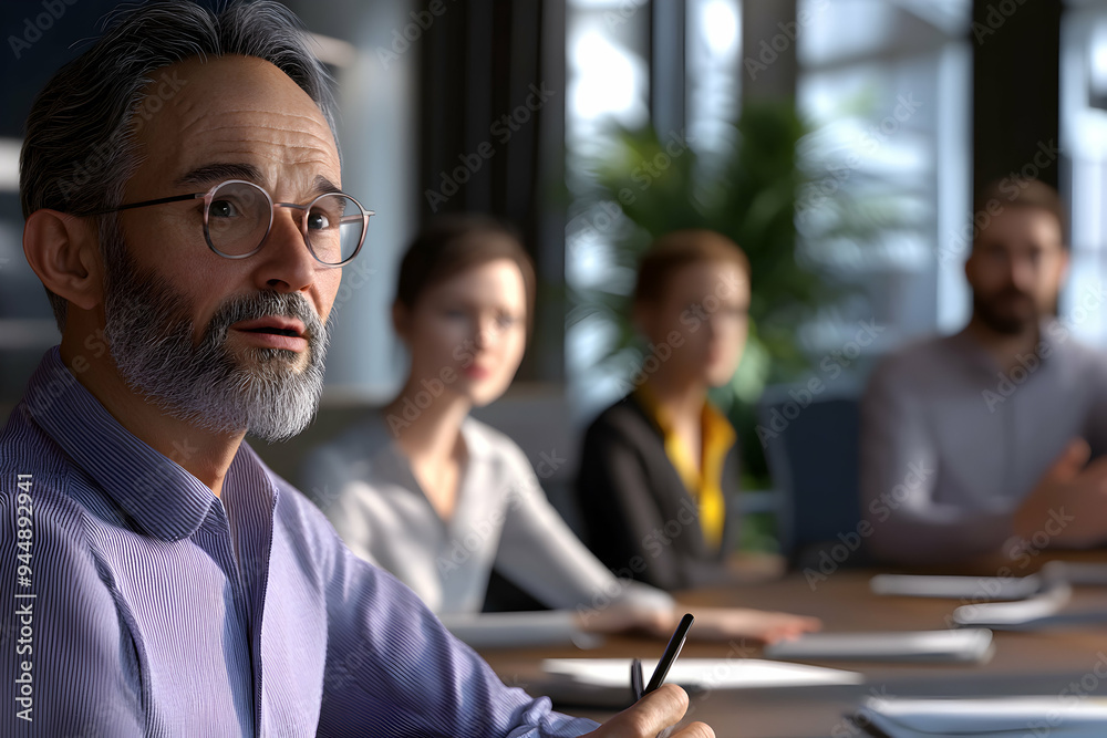 A businessman in a meeting, looking intently at something off-screen, his expression engaged and thoughtful. A businessman in a meeting, looking intently at something off-screen, his expression engaged and thoughtful.