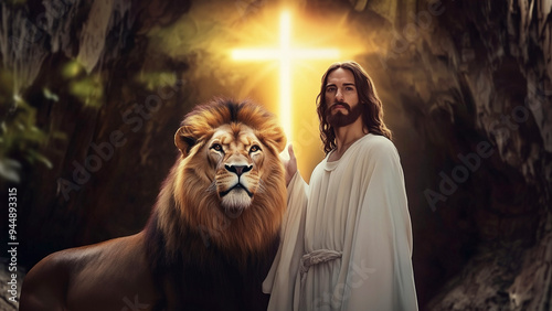 Jesus and Lion of Judah Stand Together under Glowing Cross - [16:9 ratio] Desktop Wallpaper format