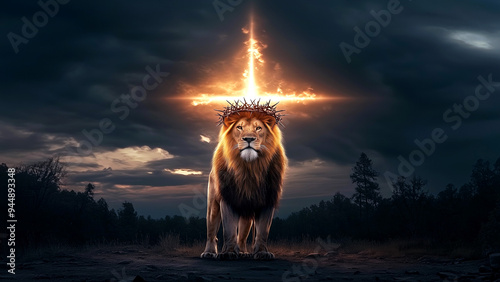 Majestic Lion with Crown of Thorns Under Glowing Cross/ Lion of Judah - [16:9 ratio] Desktop Wallpaper format