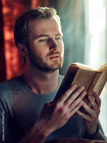 Young Man Reading a Book/ Bible by Sunlit Window - [3:4 ratio] Portrait/ Vertical Format