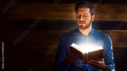 Handsome Man Reading a Bible/ Glowing book [16:9 ratio] Desktop Wallpaper format