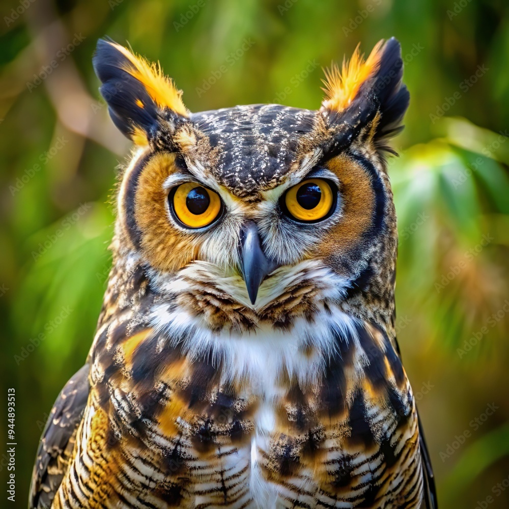 Fototapeta premium great hornet owl portrait portrait of tawny owl looking at camera with blurred forest background
