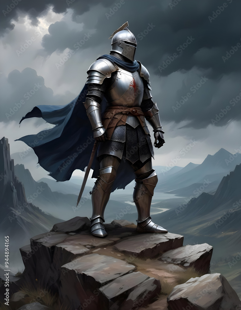 Naklejka premium Medieval knight in full armor on a rocky mountain peak, dark storm clouds, and a dramatic landscape in the background.