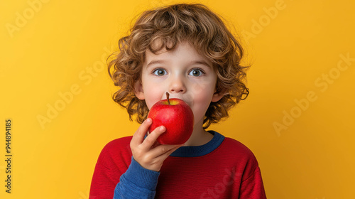 A joyful young girl with curly blonde hair holding a red apple, laughing with a big smile against a plain background.

