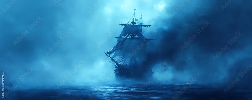Ship Sailing Through Foggy Sea - Digital Illustration