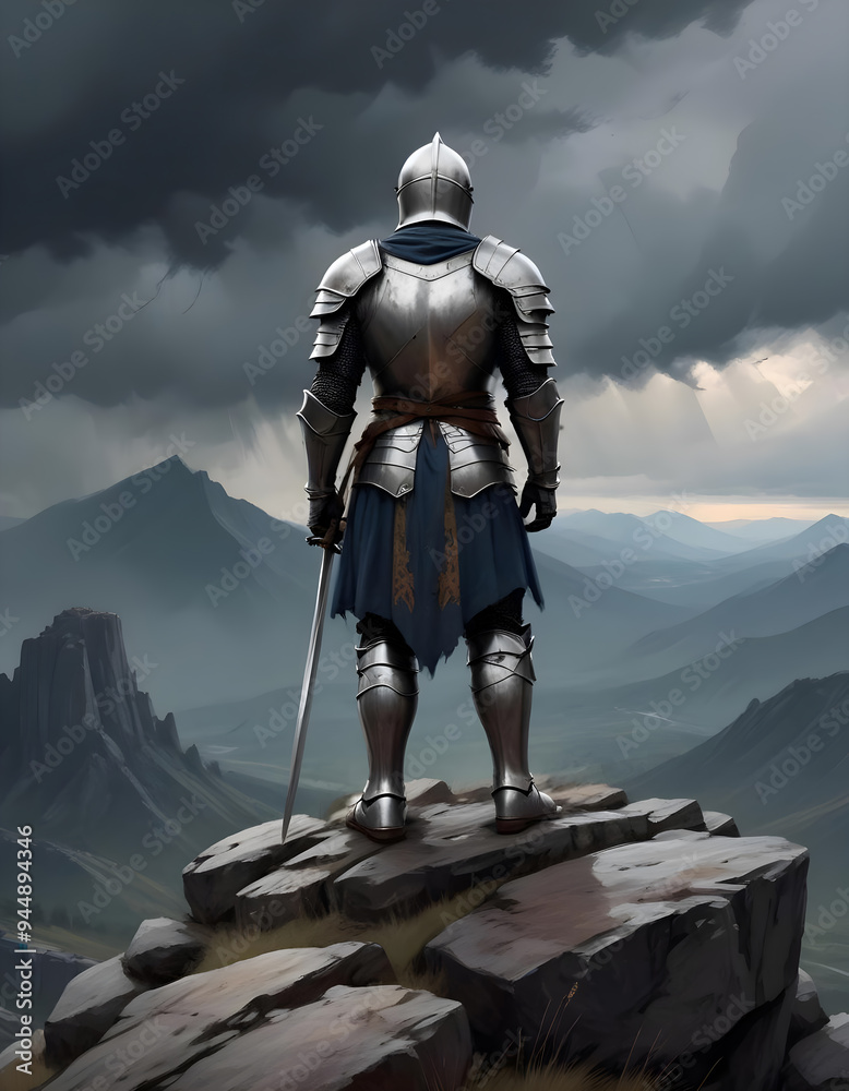 Medieval knight in full armor on a rocky mountain peak, dark storm clouds, and a dramatic landscape in the background. Medieval knight in full armor on a rocky mountain peak, dark storm clouds, and a dramatic landscape in the background.
