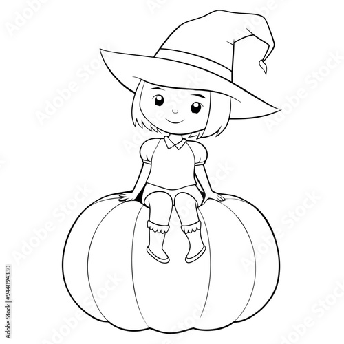 Cheerful witch sitting on a large pumpkin, coloring page, Halloween cards, web icons, textile patterns. The monochrome palette adds to the versatility of this illustration