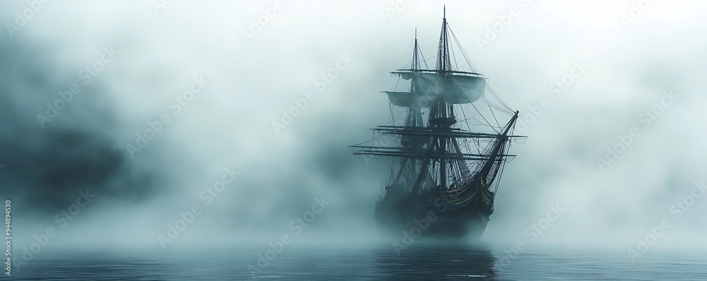 Ghost Ship Sailing Through Fog - Illustration