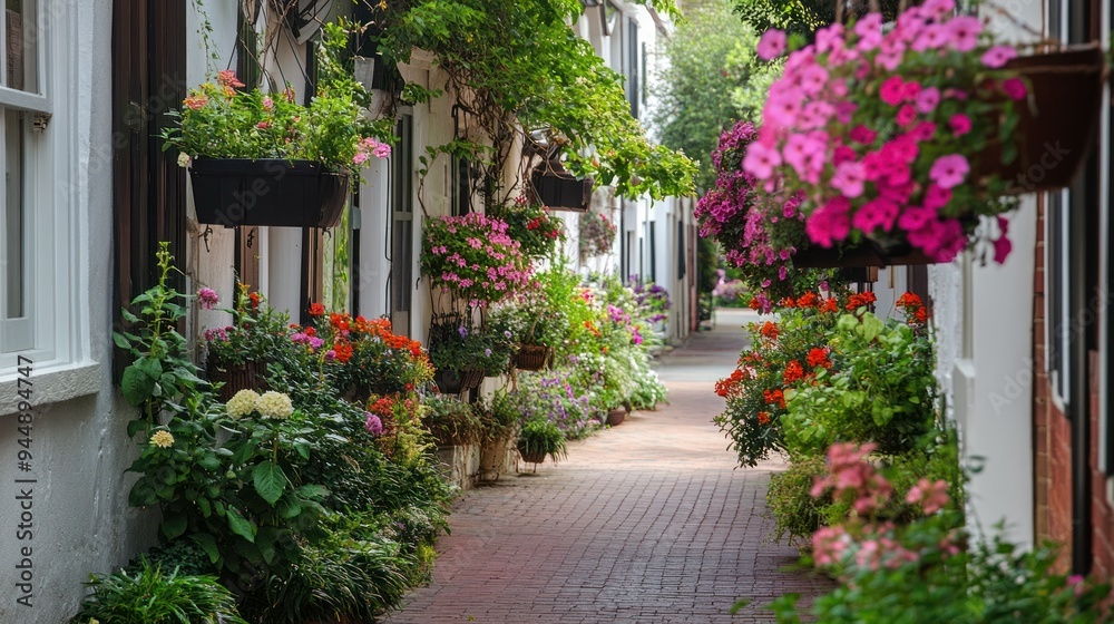 Brick Path Lined with Hanging Flower Baskets and Lush Greenery Brick Path Lined with Hanging Flower Baskets and Lush Greenery